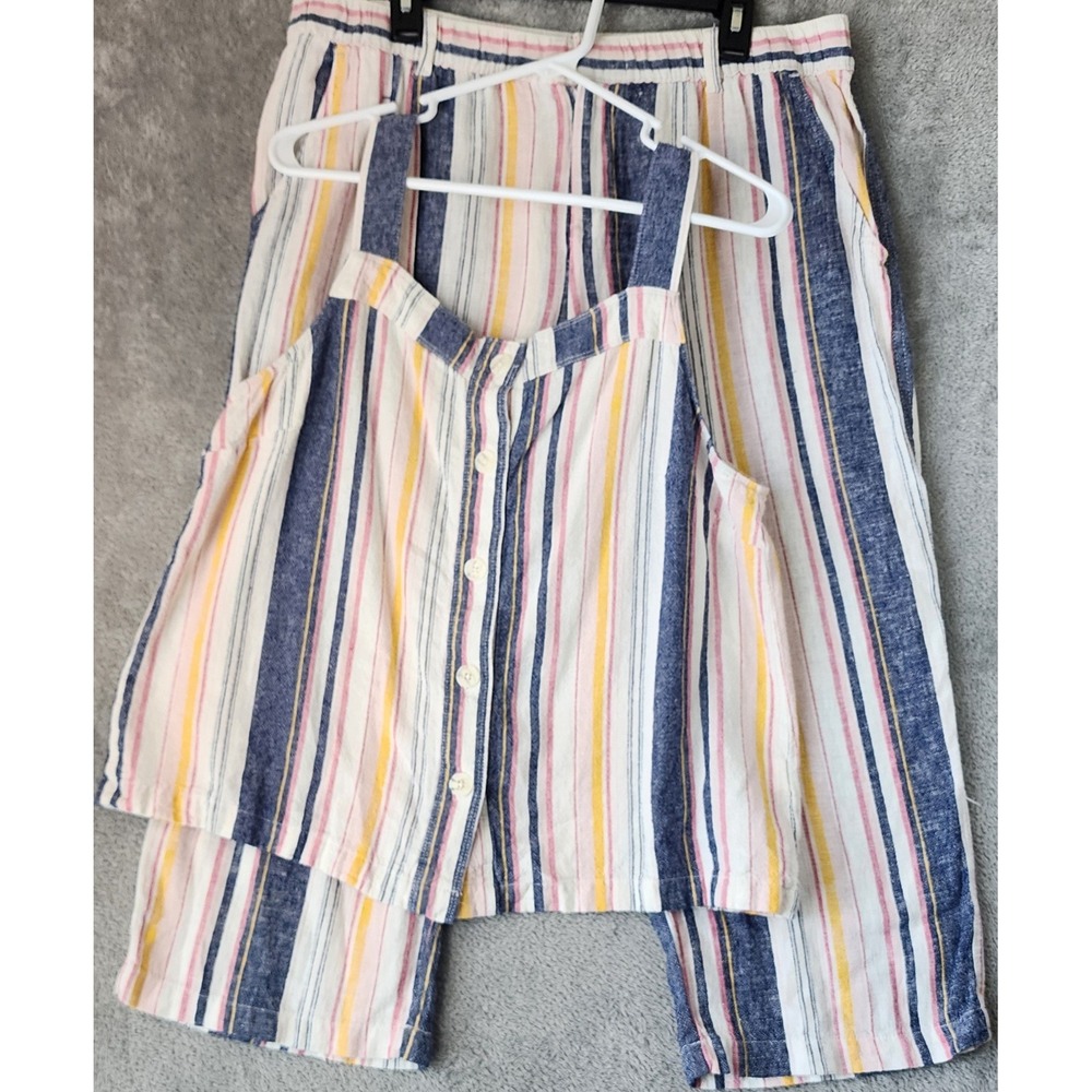 Liz Claiborne 2 Piece Set Womens L Multicolor Striped Linen Blend Crop Pant Cami
